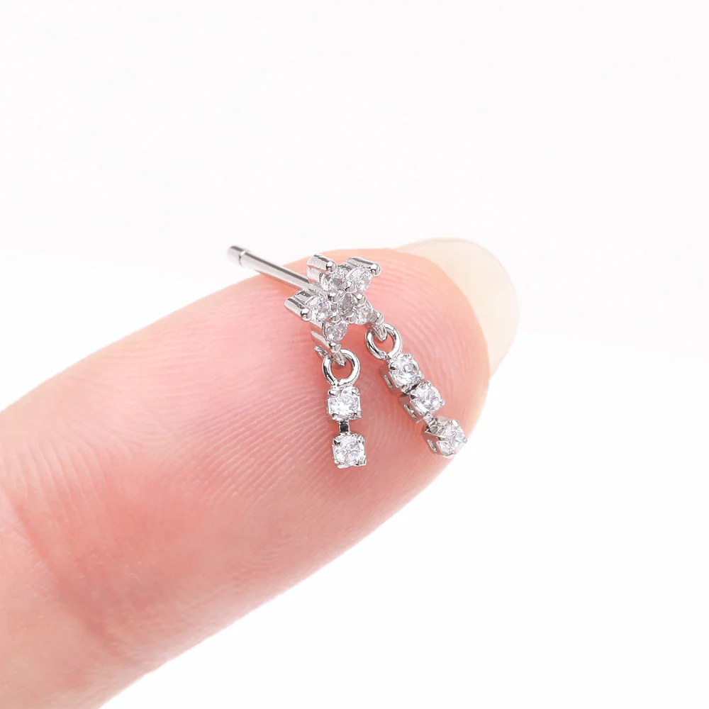 Sparkle Flower Dangle Gem Drop Nose Stud Ring - Image 3
