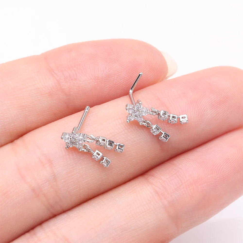 Sparkle Flower Dangle Gem Drop Nose Stud Ring - Image 4