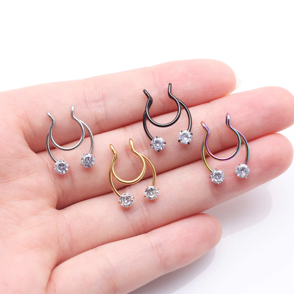 Sparkle Gem Clip On Non-Piercing Fake Horseshoe Hoop Ring - Image 4