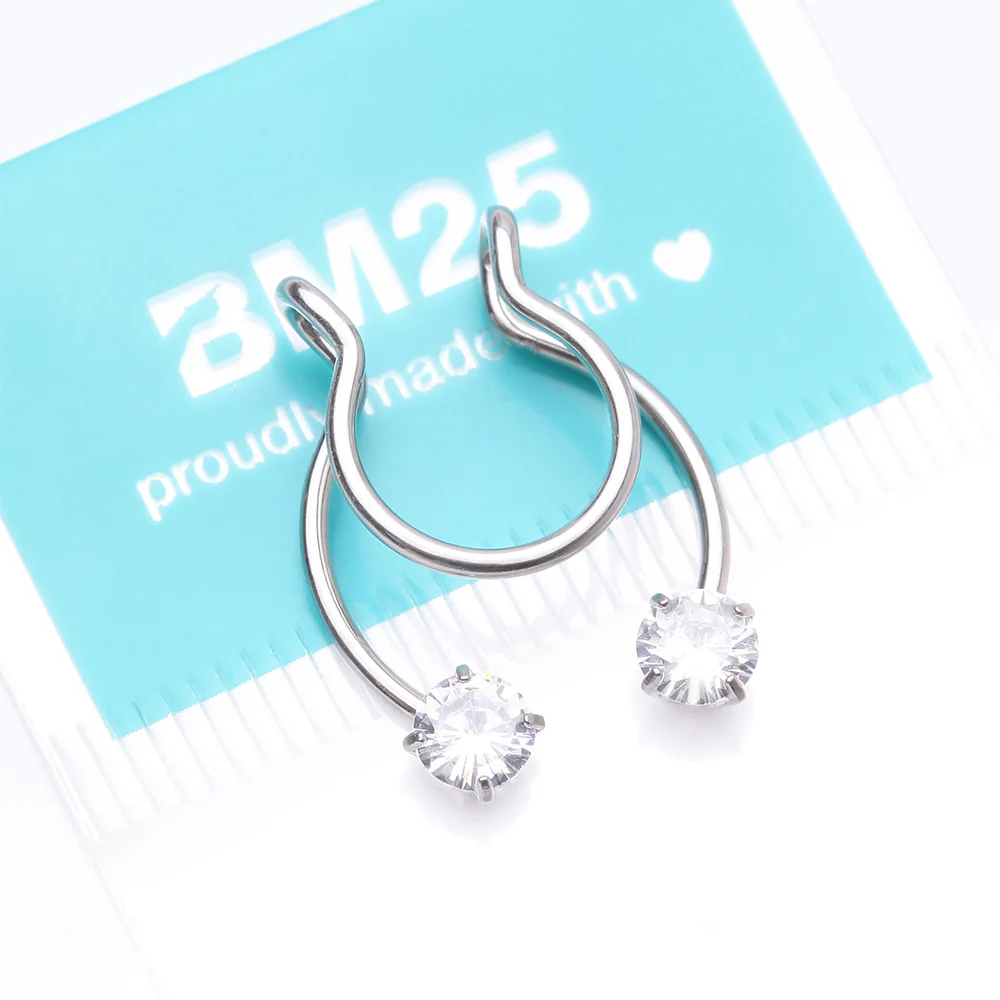 Sparkle Gem Clip On Non-Piercing Fake Horseshoe Hoop Ring - Image 5