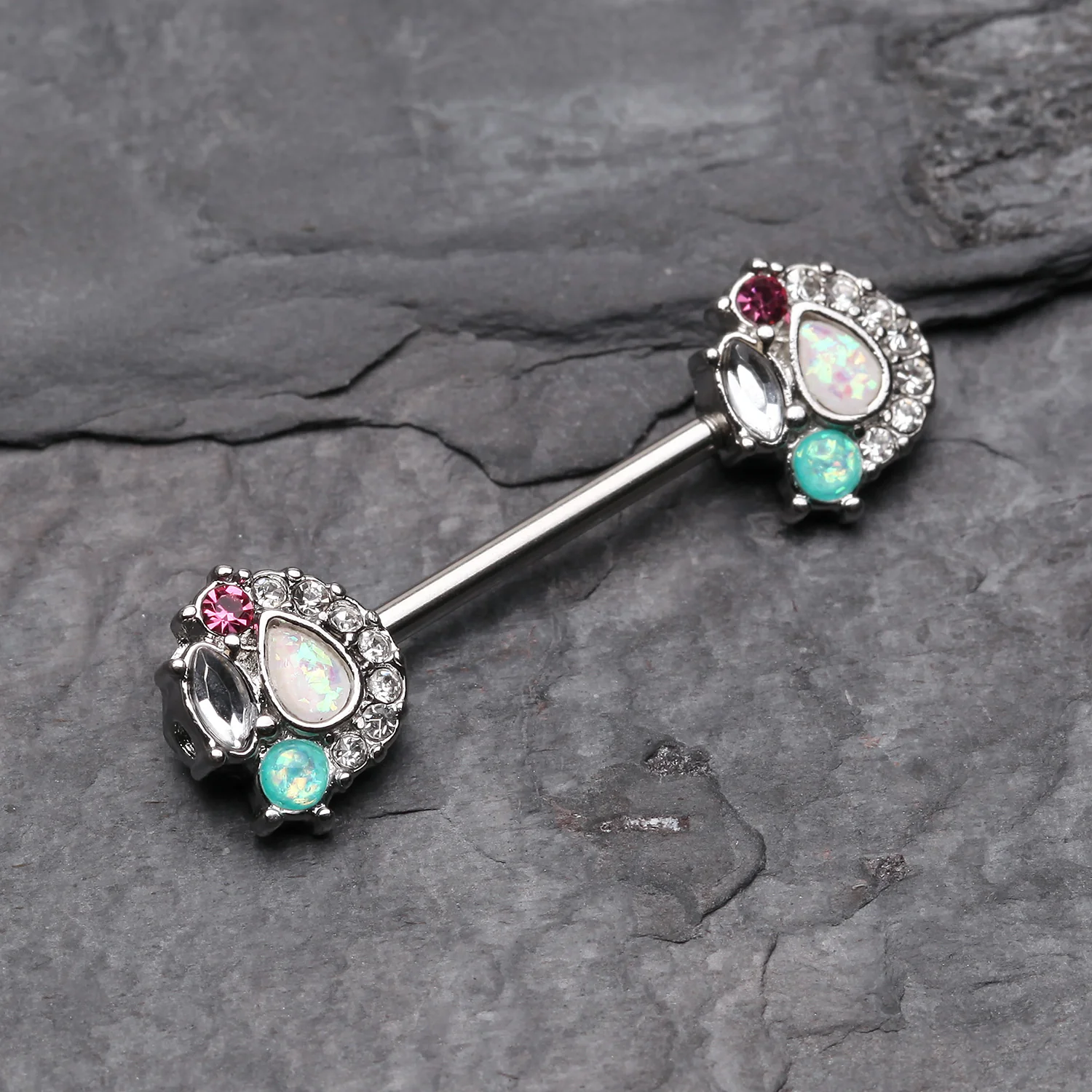A Pair of Sparkle Opal Medley Nipple Barbell Ring - Image 2