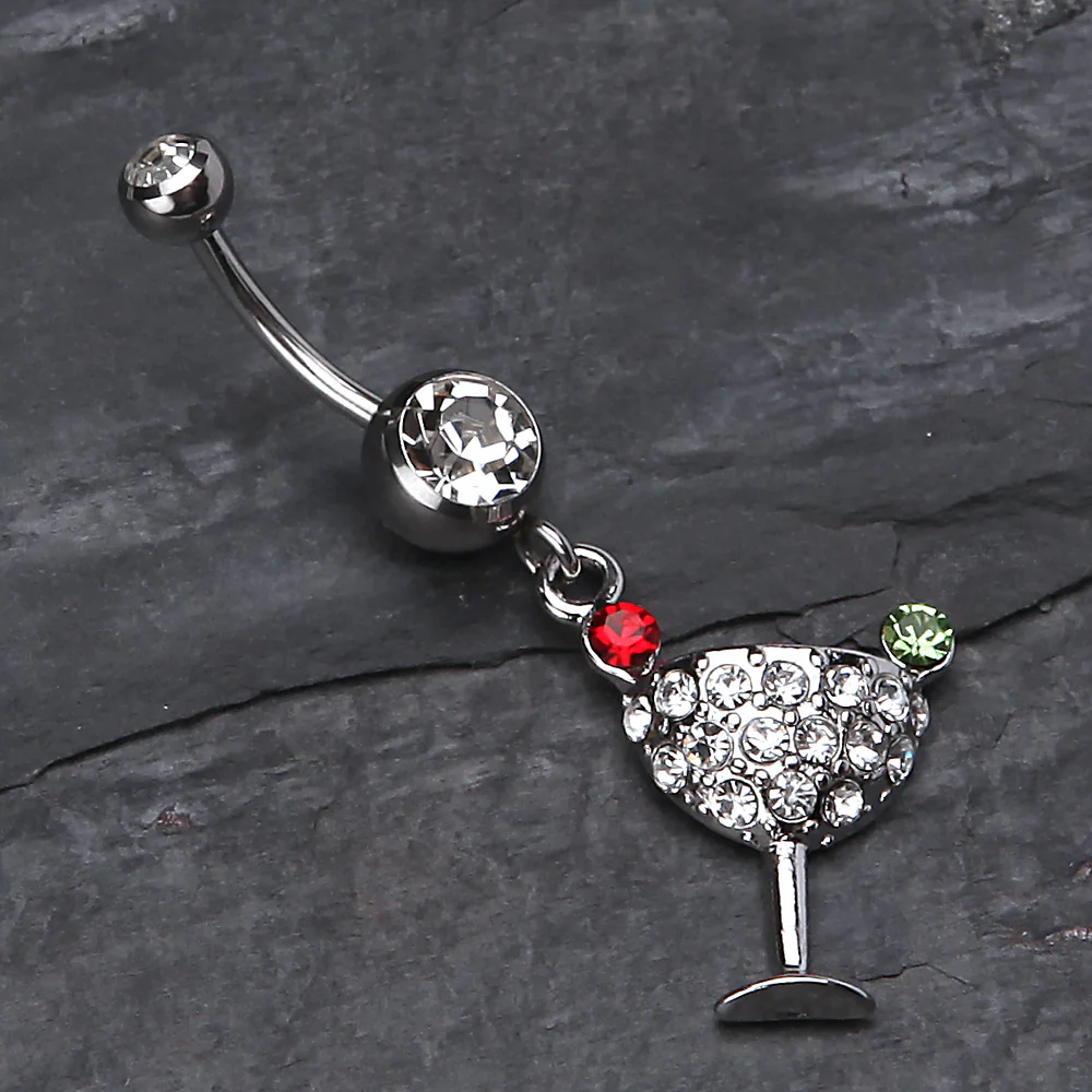 Sparkling Martini Glass Charm Dangle Belly Ring - Image 3