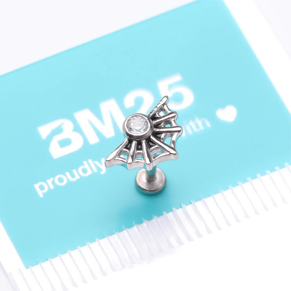 Spider Web Sparkle Internally Threaded Steel Flat Back Stud Labret - Image 5