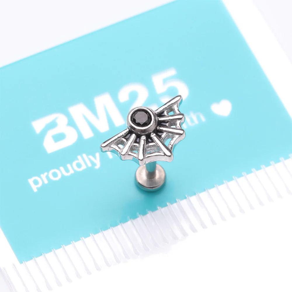 Spider Web Sparkle Internally Threaded Steel Flat Back Stud Labret - Image 5