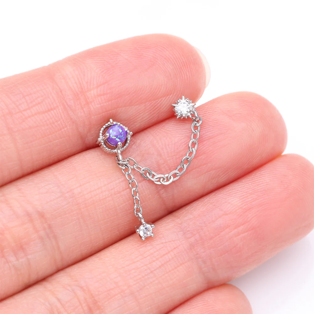Starburst Sparkle Opalescent Orbit Chained Cartilage Barbell Earring - Image 3