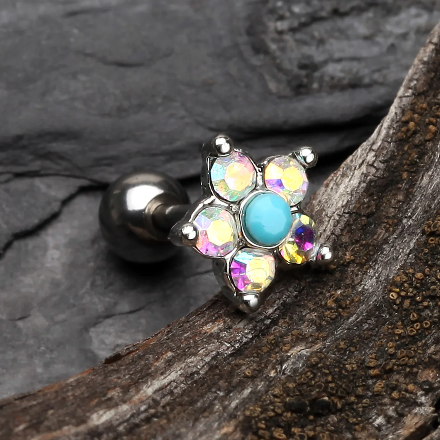Starburst Turquoise Sparkle Flower Cartilage Tragus Earring - Image 2