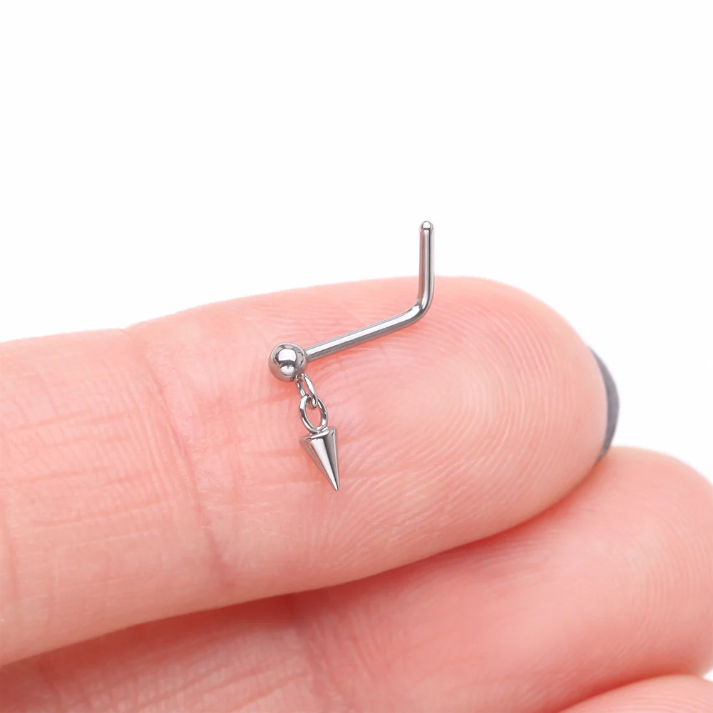 Steel Ball Dangle Chained Spike L-Shaped Nose Ring - Image 3