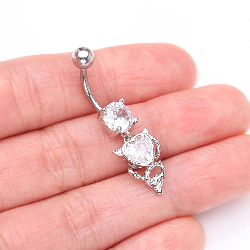 Tailed Devil's Heart Sparkle Dangle Belly Button Ring - Image 4