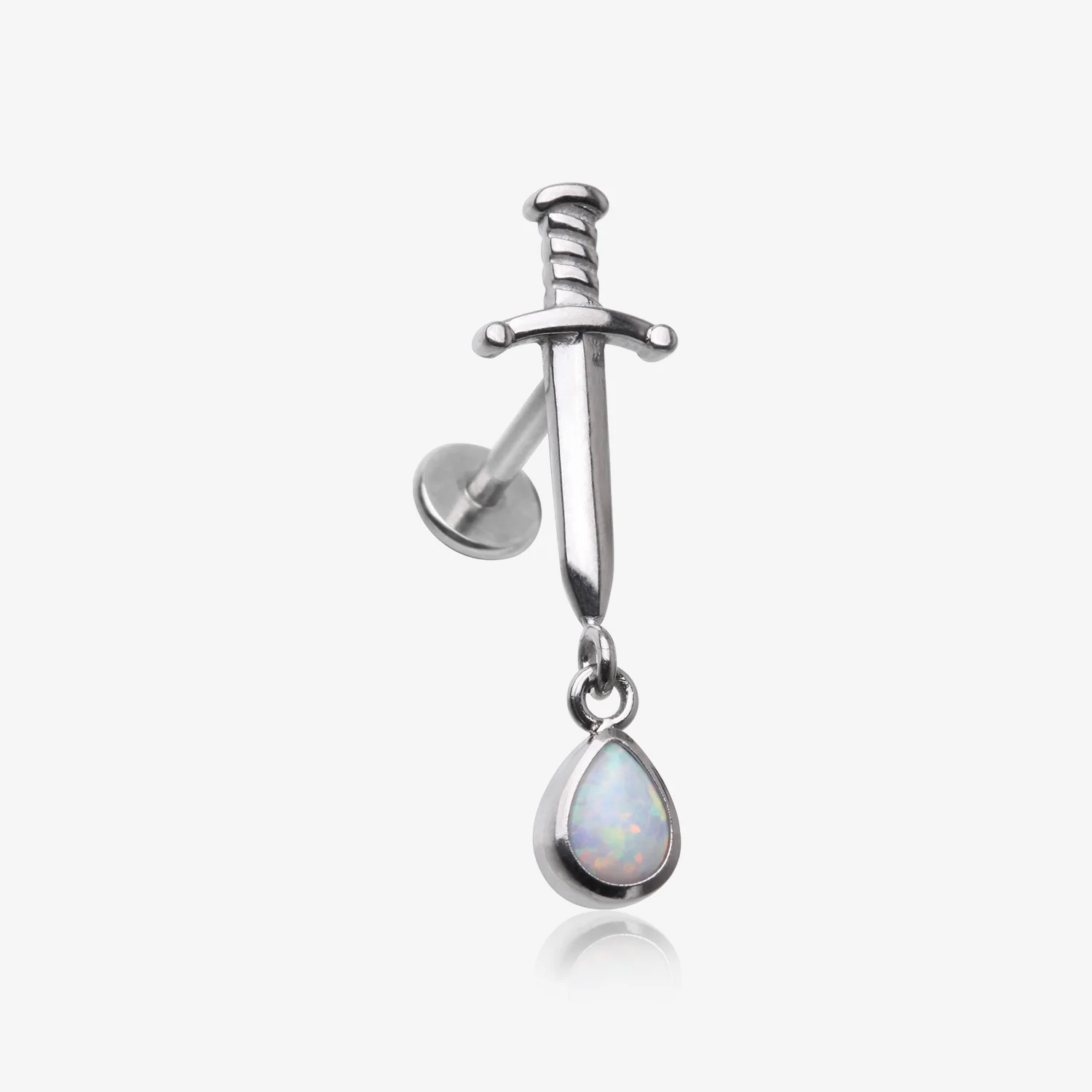 Teardrop Fire Opal Dangle Dagger Sword Internally Threaded Steel Flat Back Stud Labret