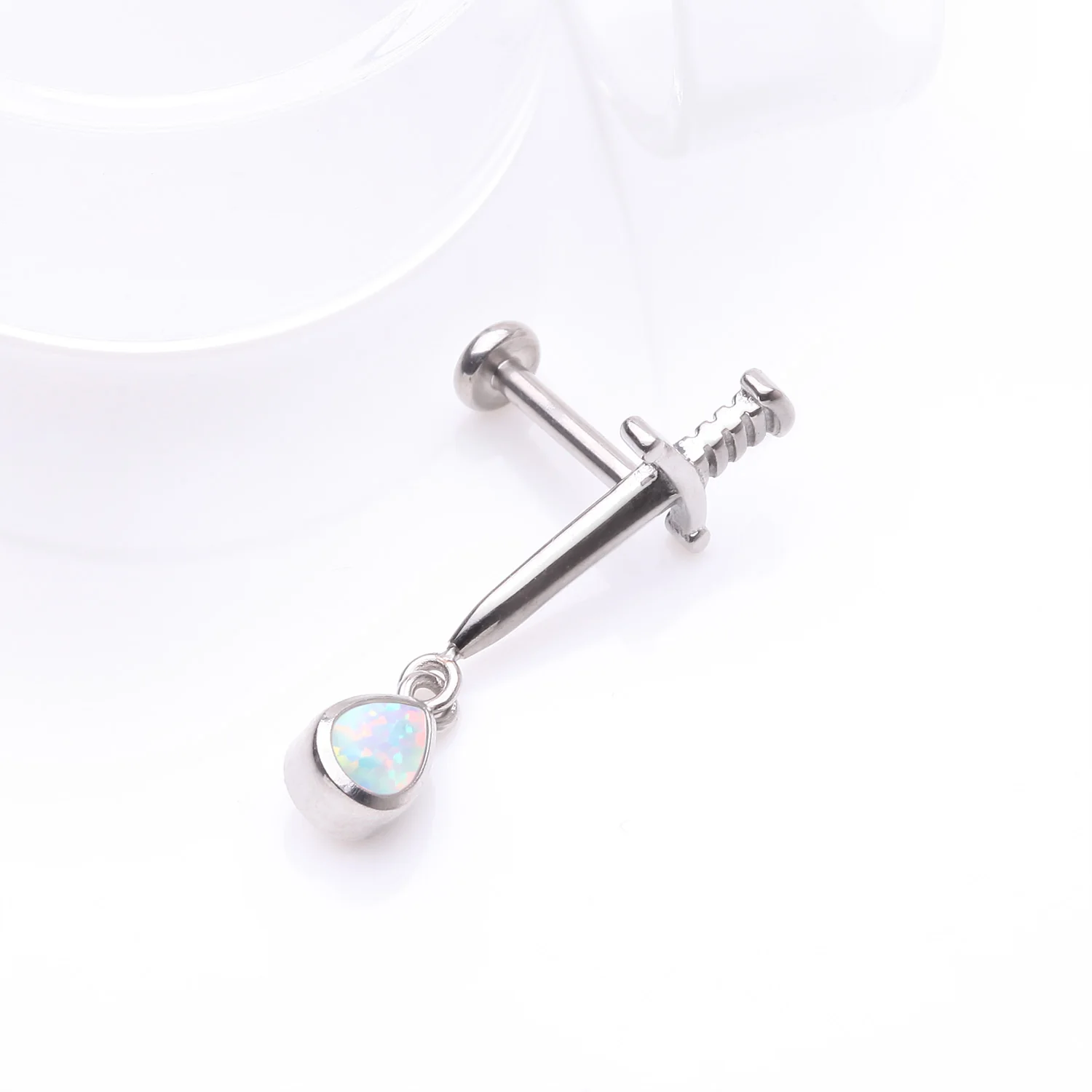 Teardrop Fire Opal Dangle Dagger Sword Internally Threaded Steel Flat Back Stud Labret - Image 2