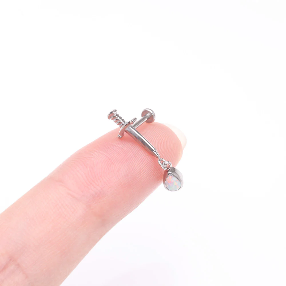 Teardrop Fire Opal Dangle Dagger Sword Internally Threaded Steel Flat Back Stud Labret - Image 3