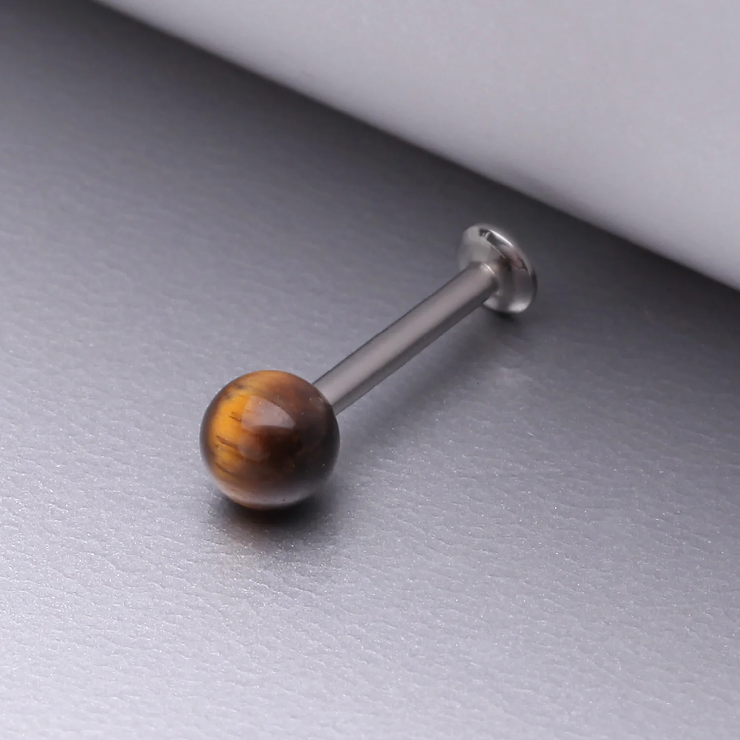 Tiger Eye Stone Ball Top Steel Flat Back Stud Labret - Image 2