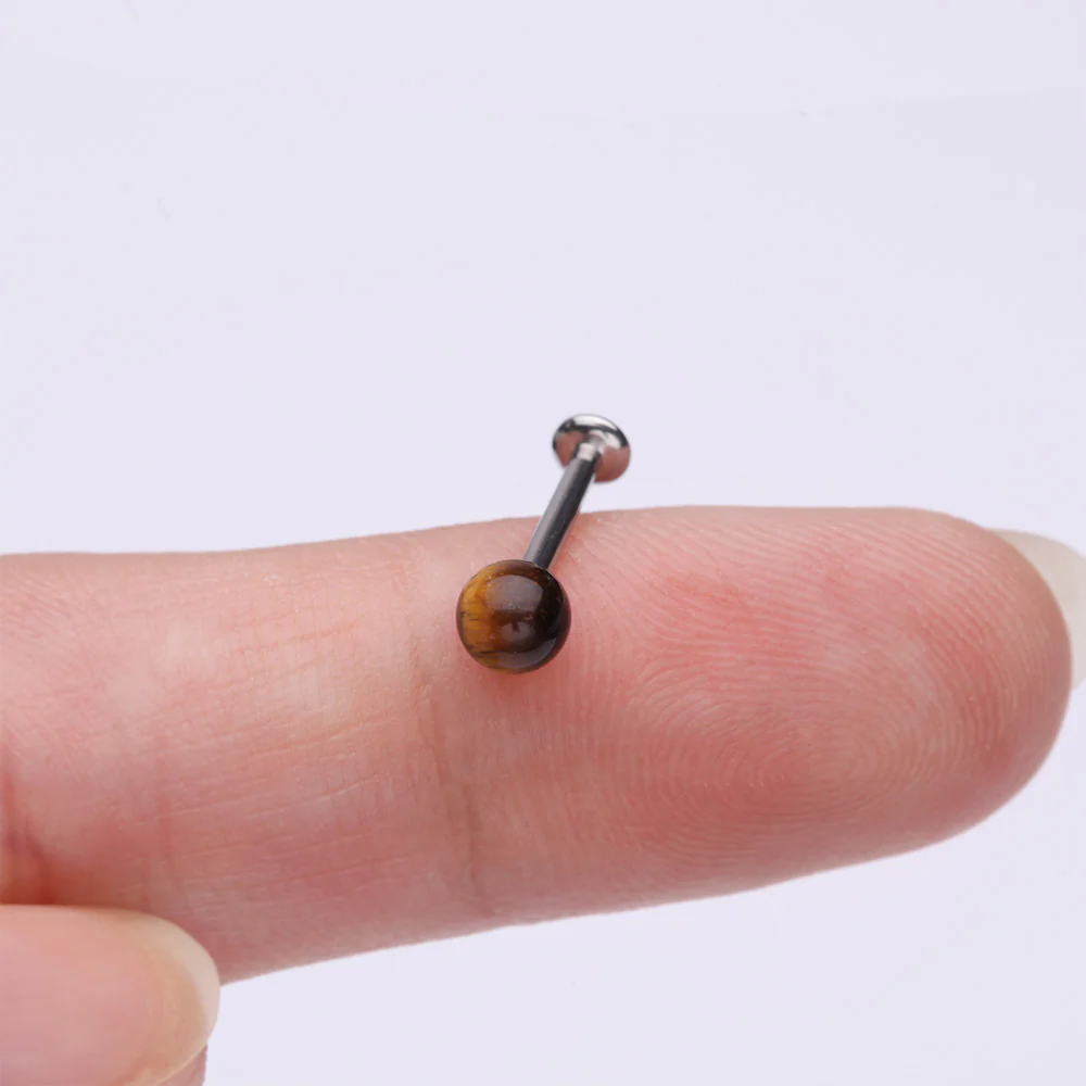 Tiger Eye Stone Ball Top Steel Flat Back Stud Labret - Image 3