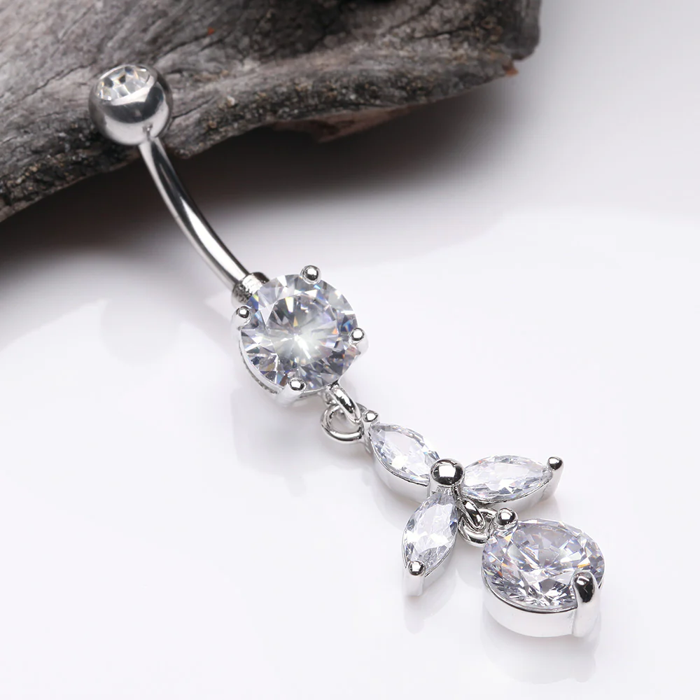 Tri-Marquise Floral Leaf Sparkles Belly Button Ring - Image 3