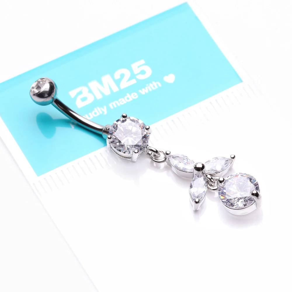 Tri-Marquise Floral Leaf Sparkles Belly Button Ring - Image 4