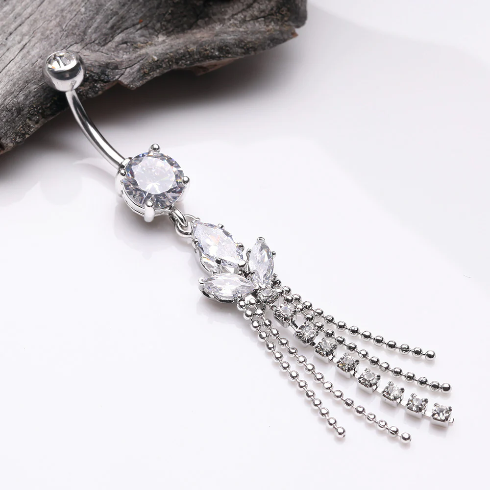 Tri-Marquise Floral Leaf Sparkles Chain Drop Belly Button Ring - Image 3