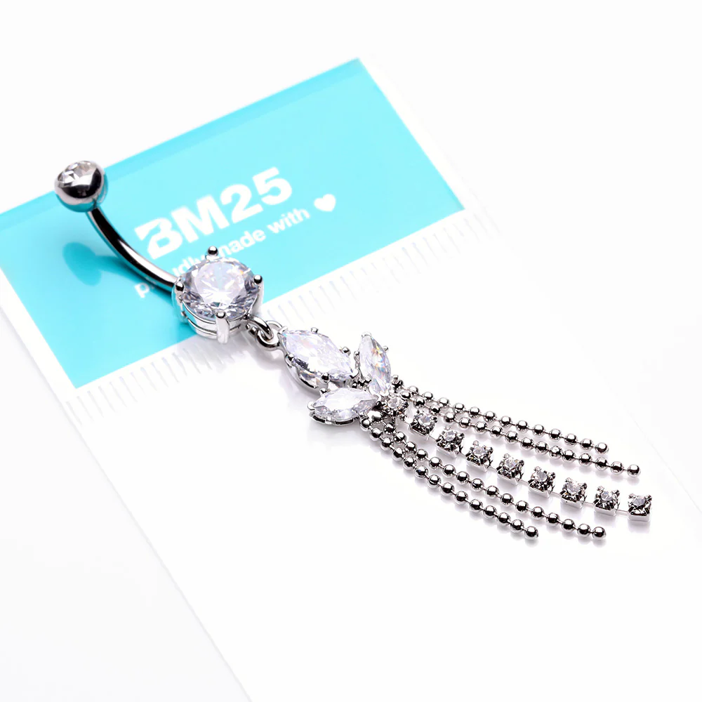 Tri-Marquise Floral Leaf Sparkles Chain Drop Belly Button Ring - Image 4