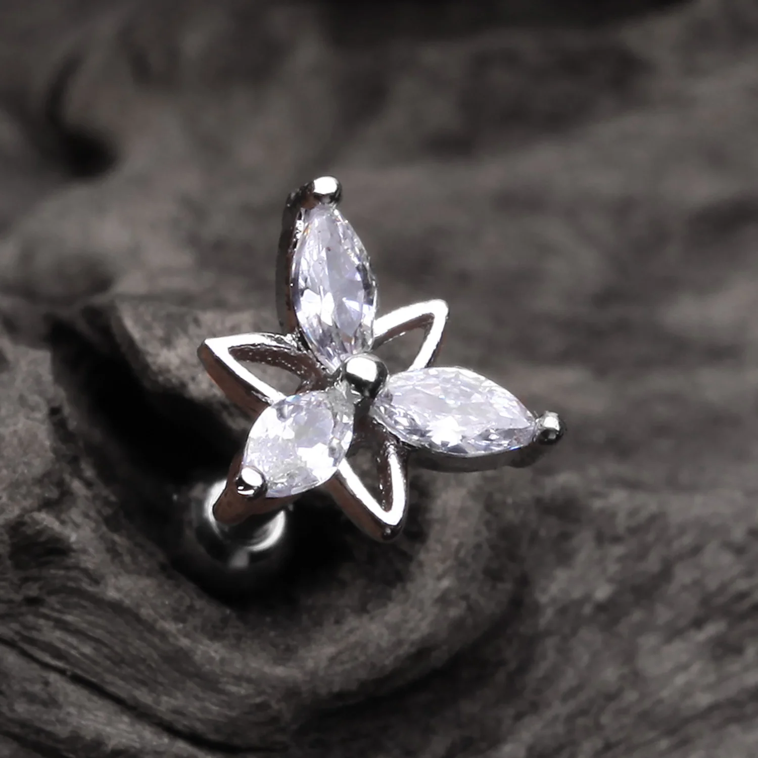 Tri-Marquise Floral Sparkle Cartilage Tragus Barbell Earring - Image 2