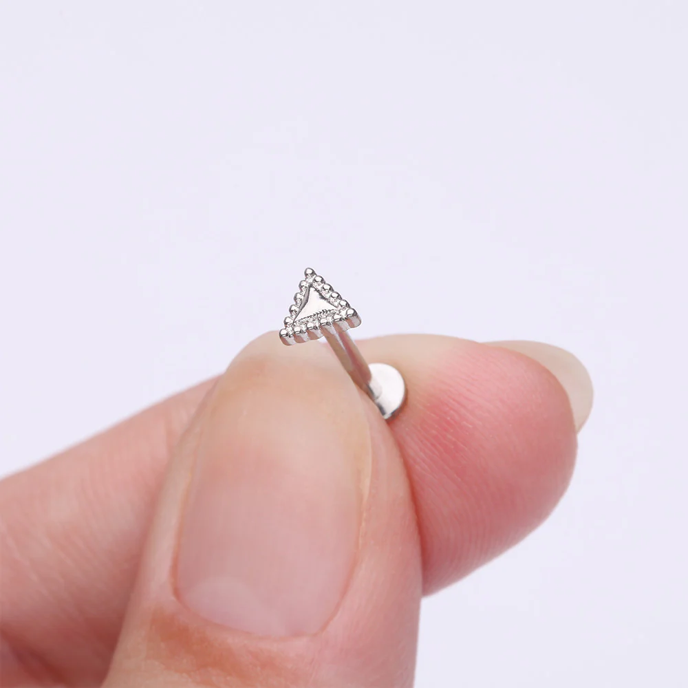 Triangle Beveled Beaded Edge Top Internally Threaded Steel Flat Back Stud Labret - Image 3