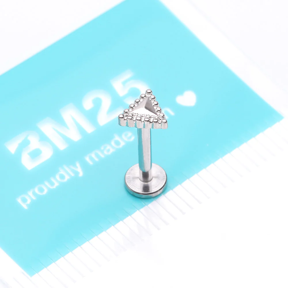 Triangle Beveled Beaded Edge Top Internally Threaded Steel Flat Back Stud Labret - Image 4