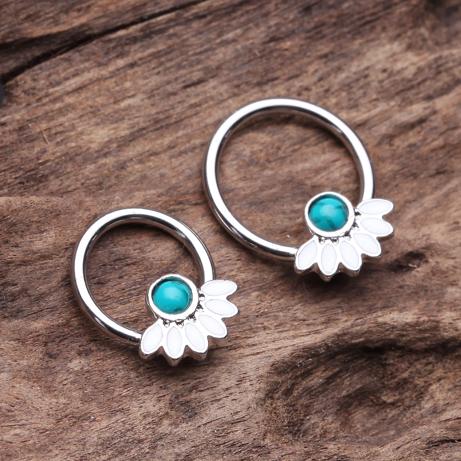 Tribal Turquoise Floral Elegance Steel Captive Bead Ring - Image 2