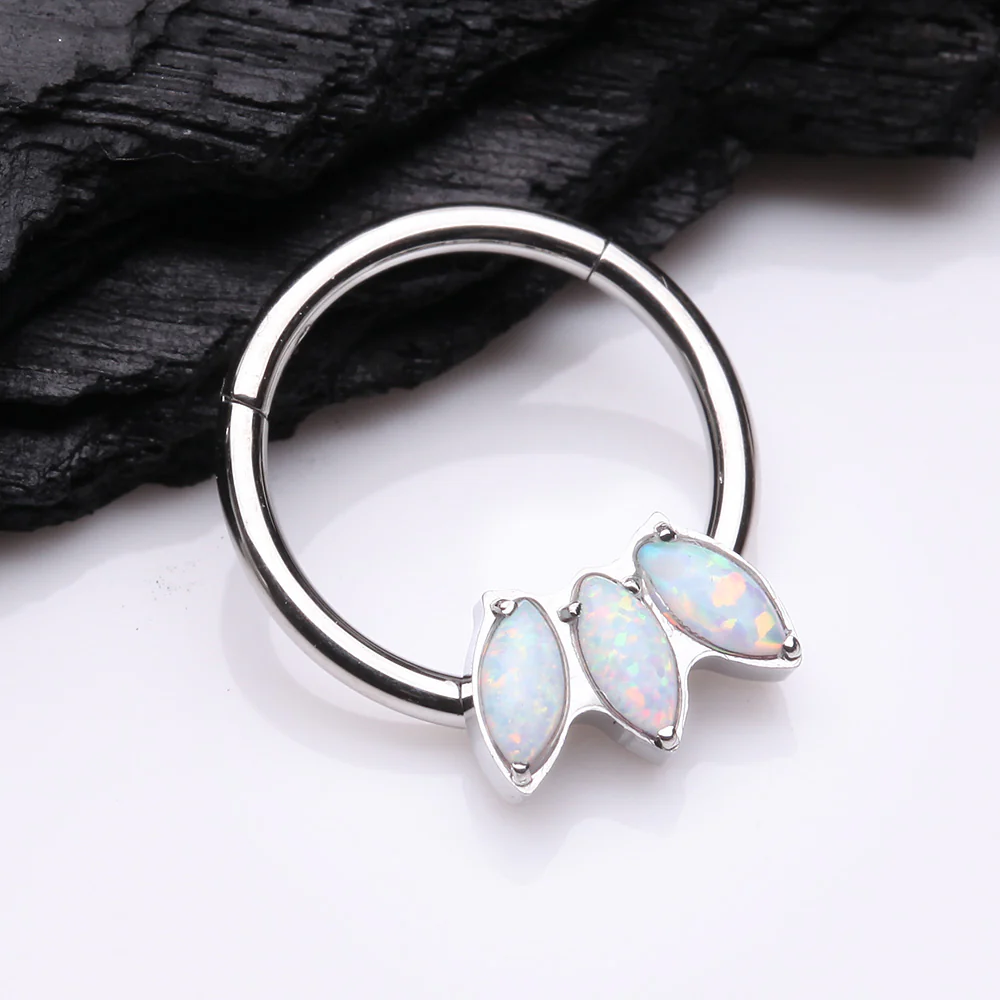 Triple Marquise Fire Opal Sparkle Seamless Clicker Hoop Ring - Image 3
