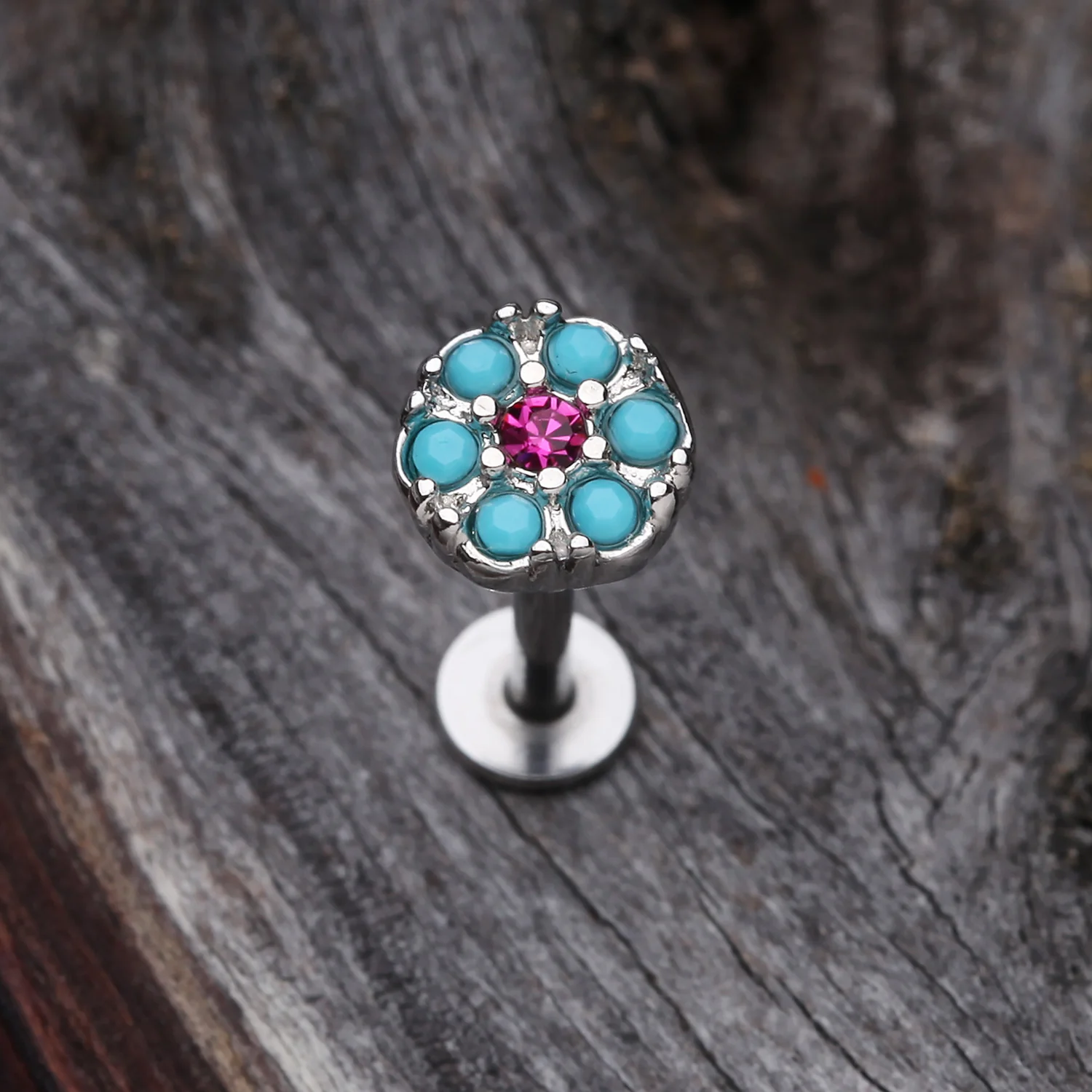 Turquoise Boho Circle Sparkle Top Steel Labret - Image 2