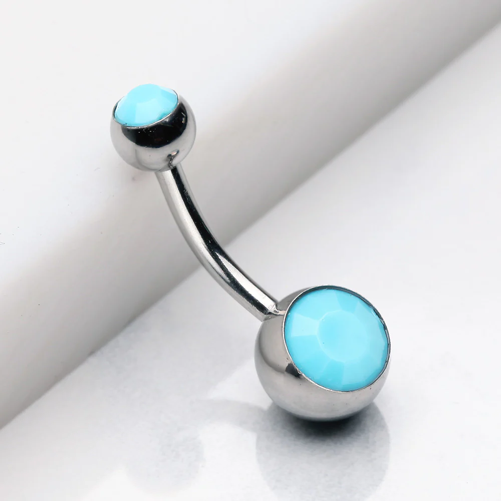 Turquoise Double Gem Ball Steel Belly Button Ring - Image 3