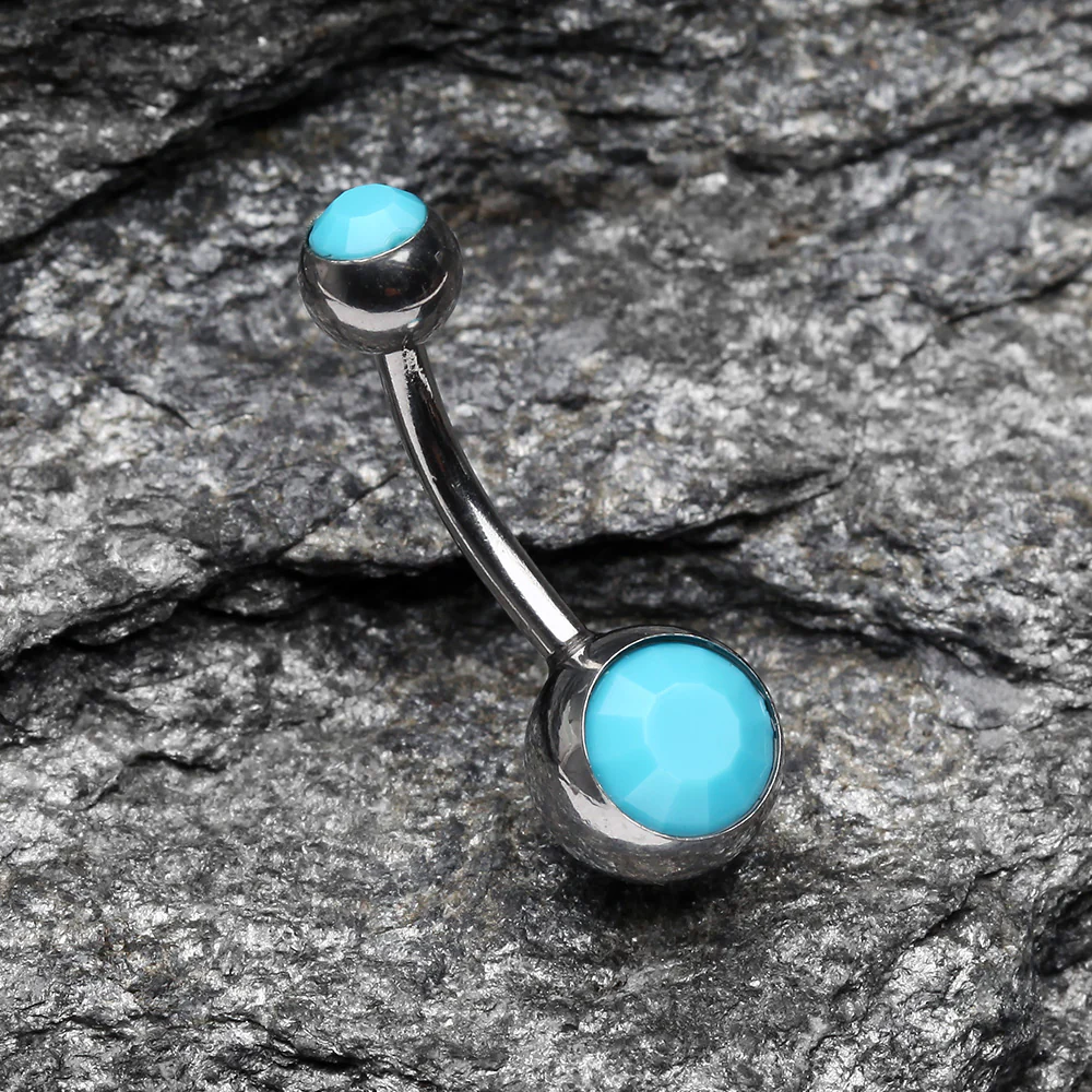 Turquoise Double Gem Ball Steel Belly Button Ring - Image 4