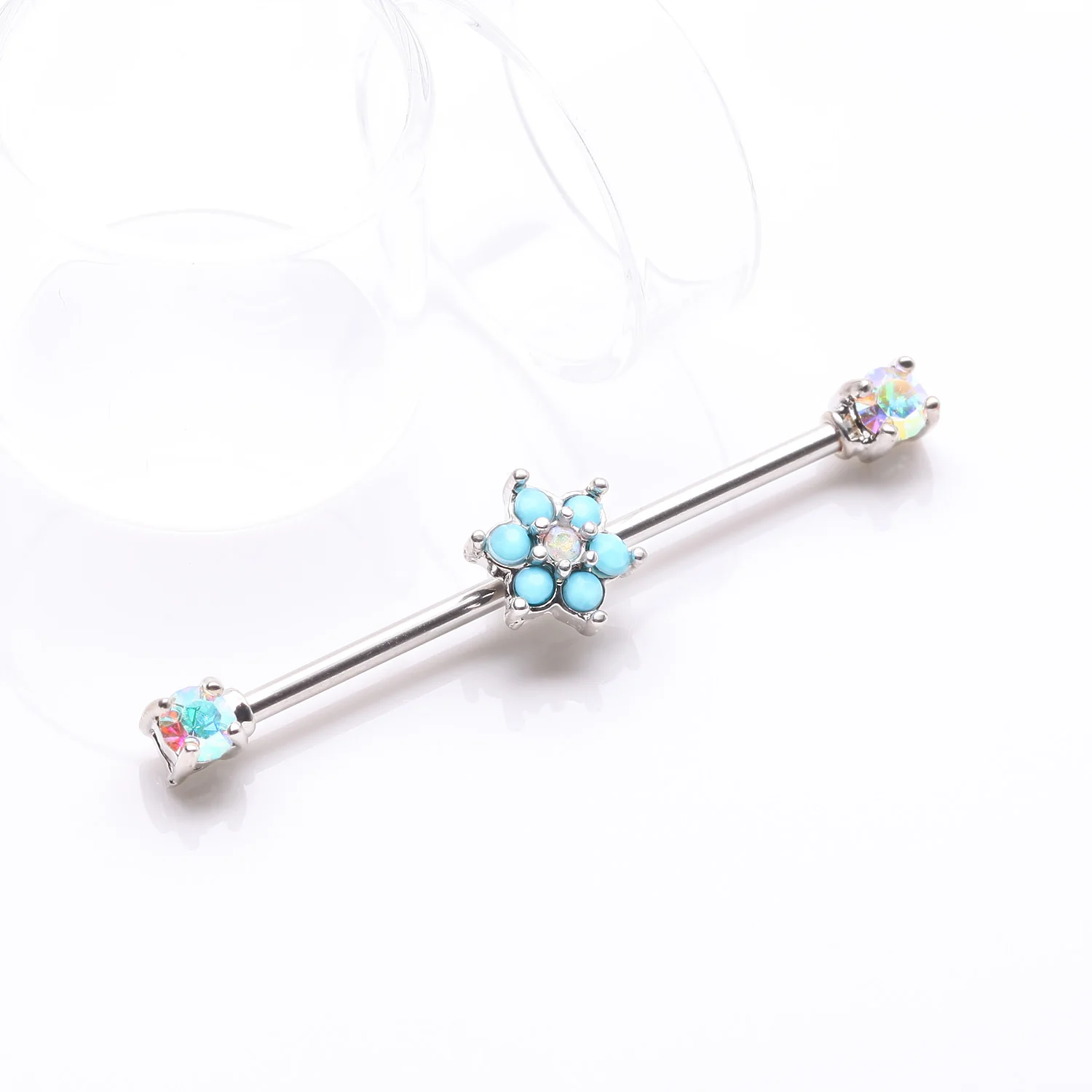 Turquoise Spring Flower Sparkle Prong Industrial Barbell - Image 2
