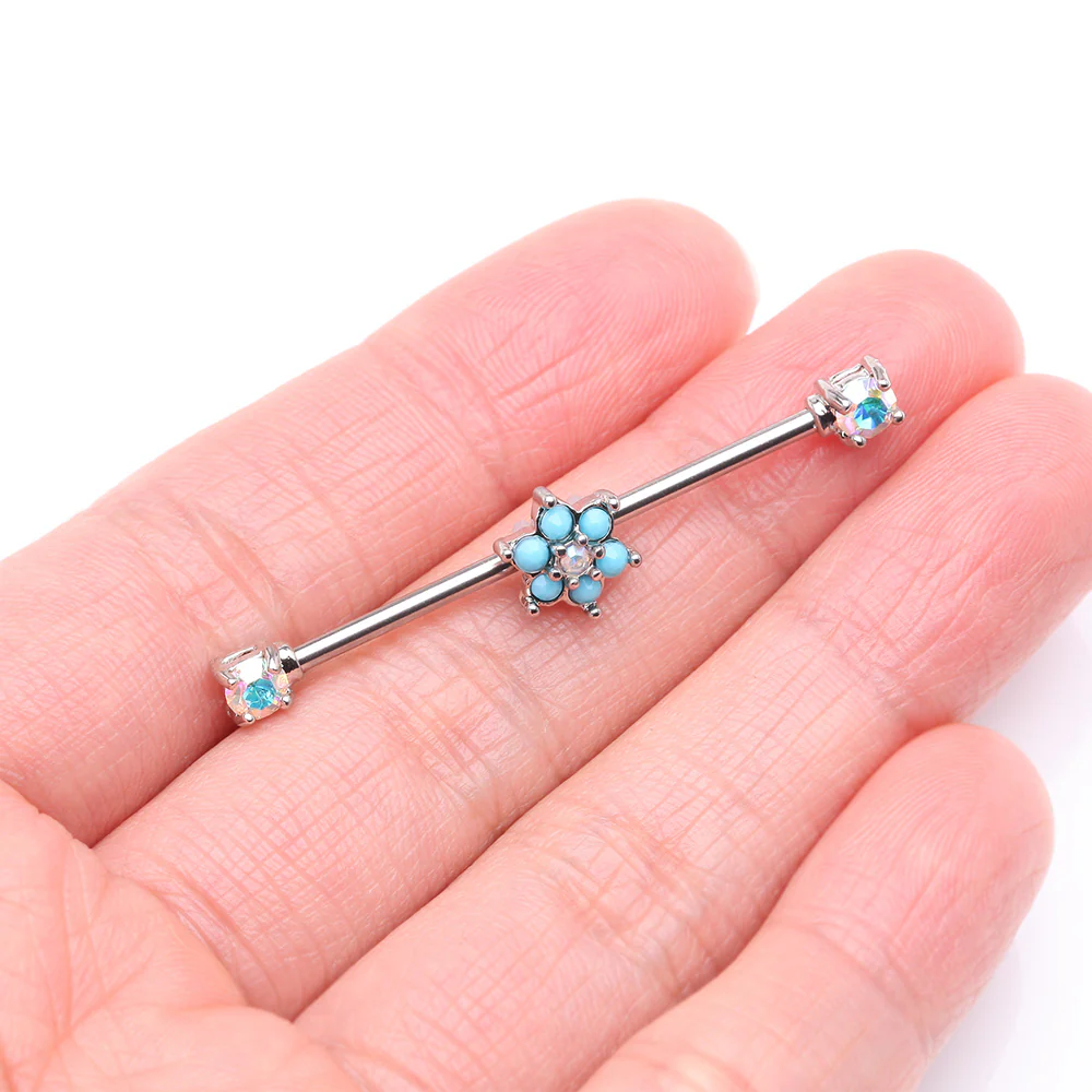 Turquoise Spring Flower Sparkle Prong Industrial Barbell - Image 3