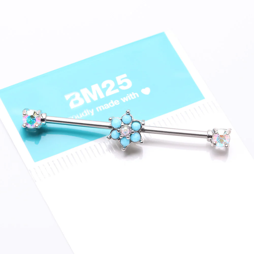 Turquoise Spring Flower Sparkle Prong Industrial Barbell - Image 4