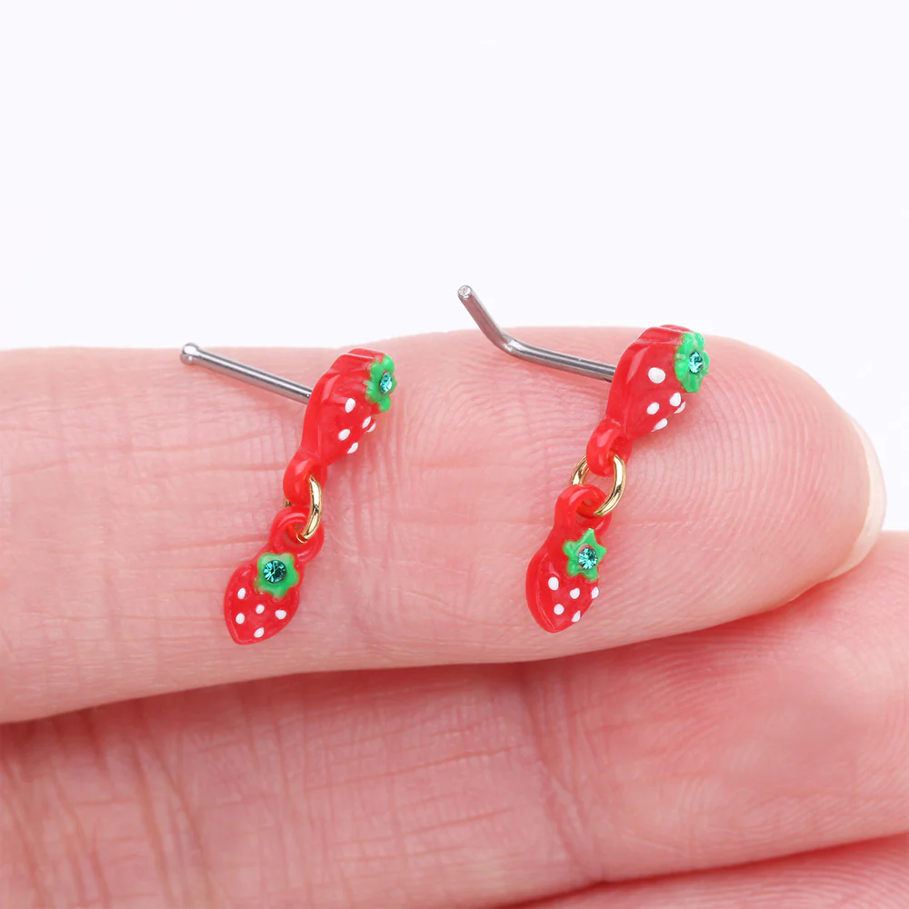 Very Berry Double Strawberry Dangle Nose Stud Ring - Image 4