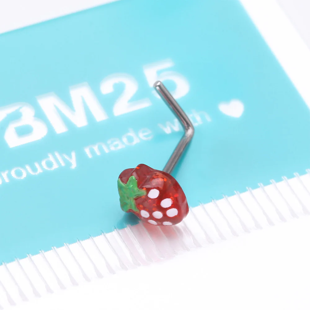 Very Berry Red Strawberry L-Shaped Nose Ring - Image 5