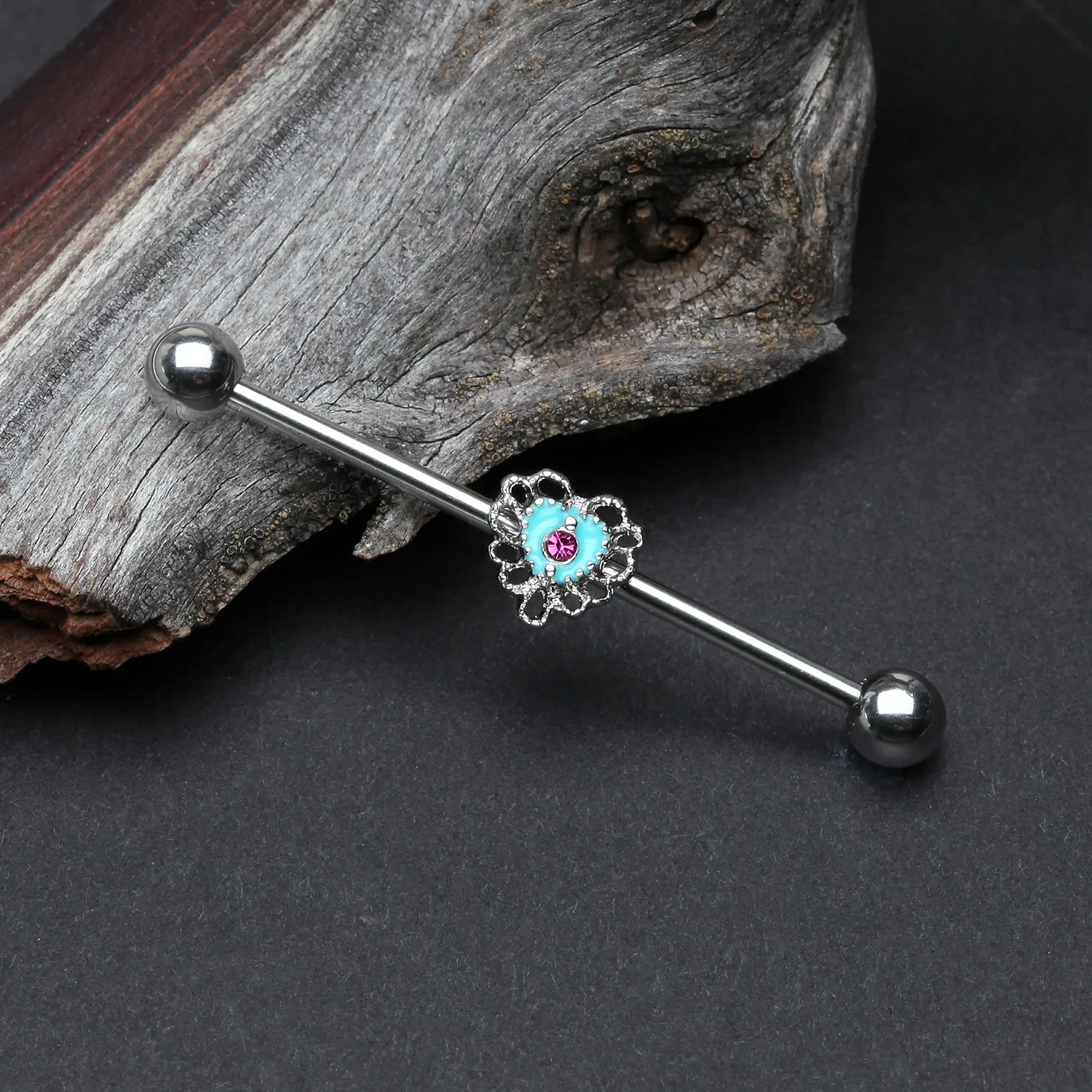 Victorian Filigree Heart Sparkle Industrial Barbell - Image 2