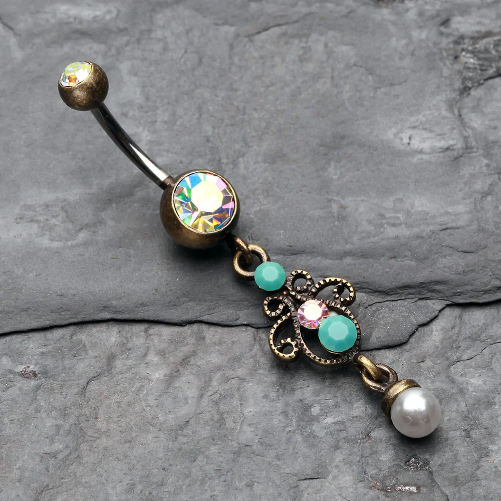 Vintage Boho Elegant Jeweled Pearl Belly Button Ring - Image 3