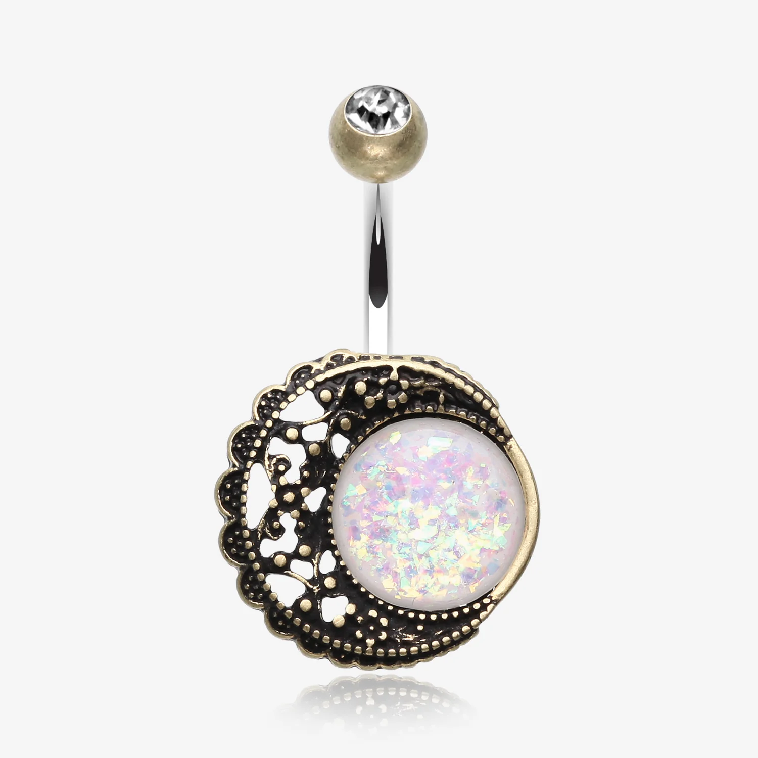 Vintage Boho Filigree Moon Opal Belly Button Ring
