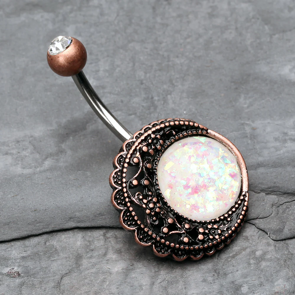 Vintage Boho Filigree Moon Opal Belly Button Ring - Image 3