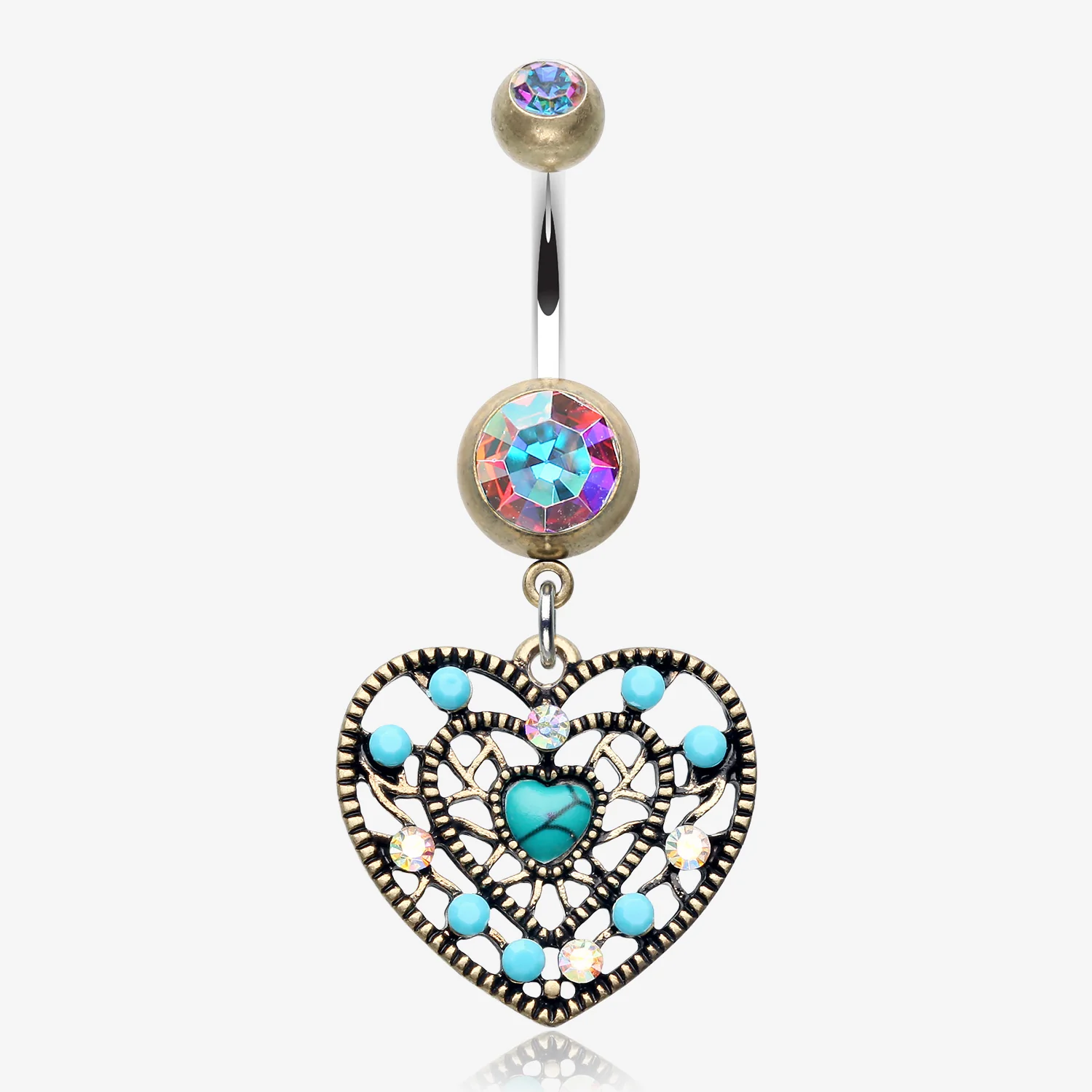 Vintage Boho Filigree Turquoise Heart Belly Button Ring