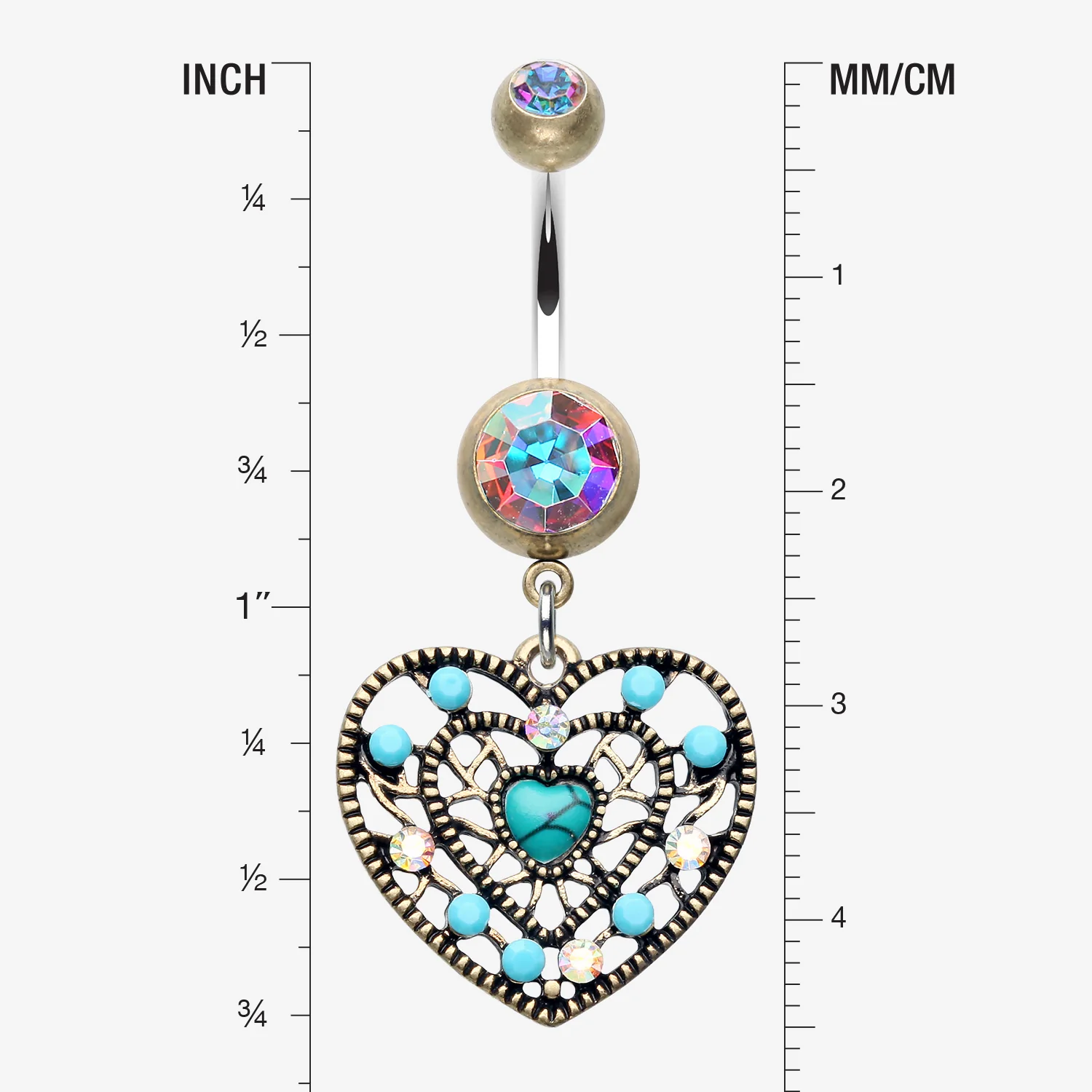 Vintage Boho Filigree Turquoise Heart Belly Button Ring - Image 2