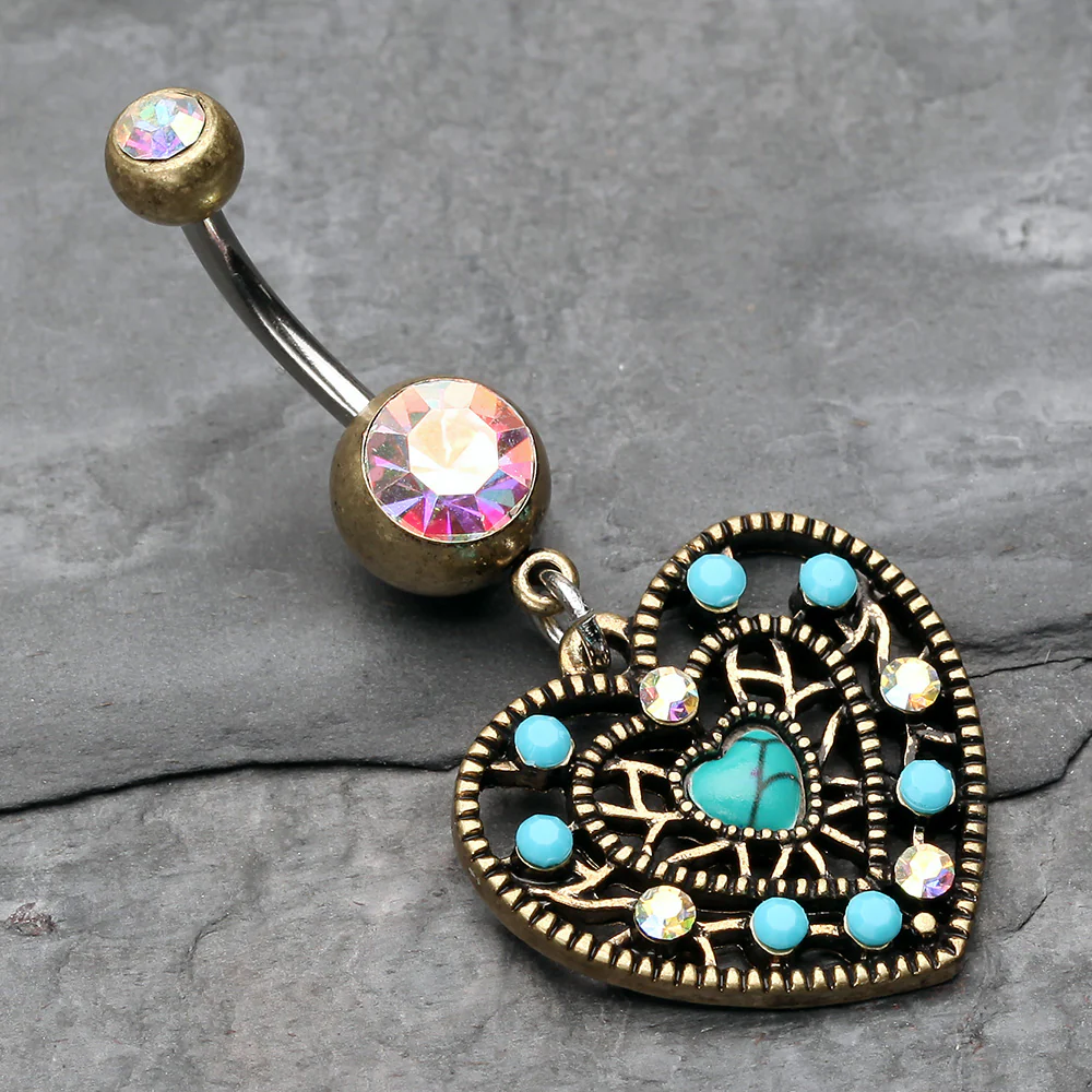 Vintage Boho Filigree Turquoise Heart Belly Button Ring - Image 3