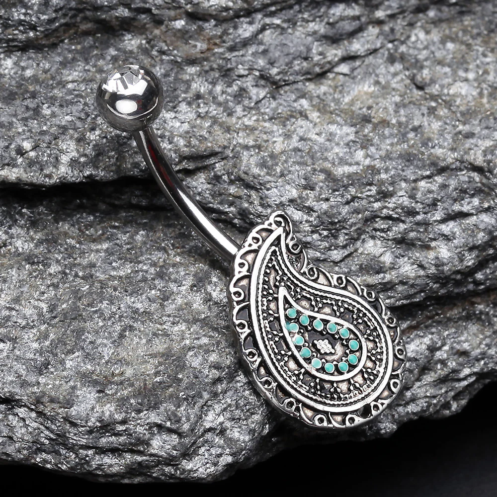 Vintage Boho Paisley Turquoise Belly Button Ring - Image 3