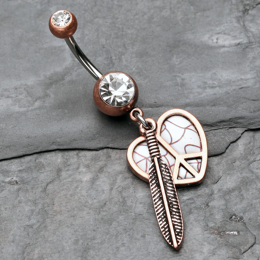 Vintage Boho Peace Heart with Feather Belly Button Ring - Image 3