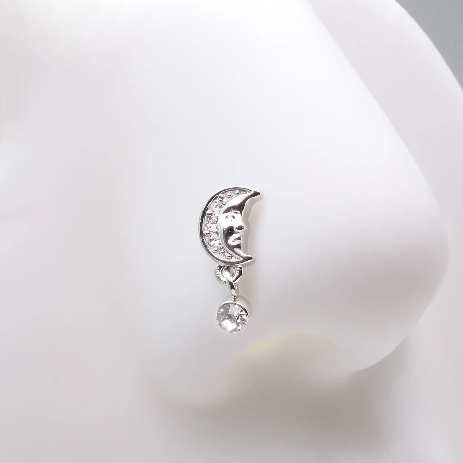 Vintage Crescent Moon Face Sparkle Dangle L-Shaped Nose Ring - Image 2
