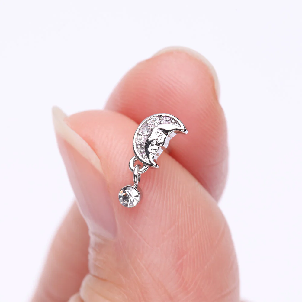 Vintage Crescent Moon Face Sparkle Dangle L-Shaped Nose Ring - Image 3
