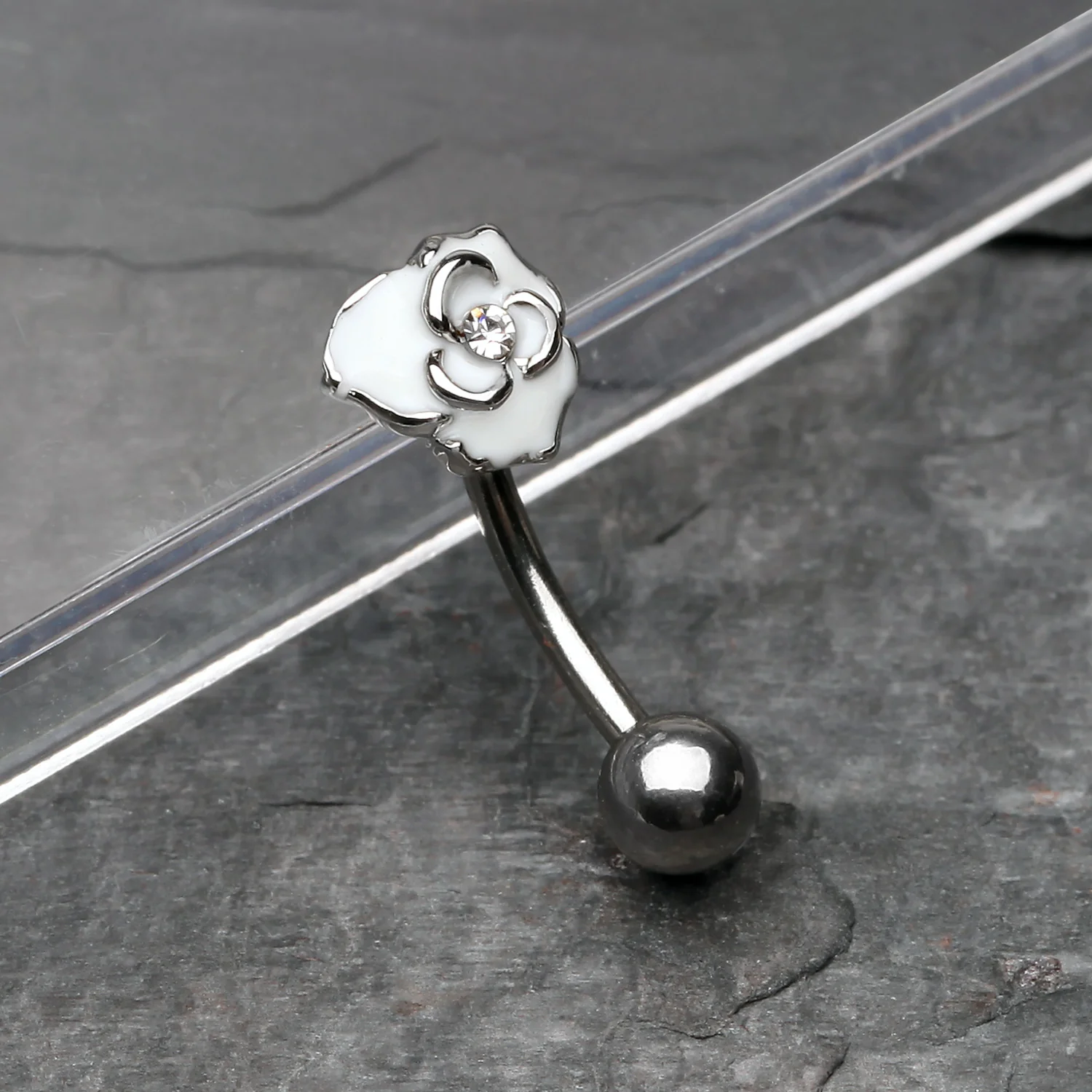 White Rose Blossom Sparkle Curved Barbell Ring - Image 2